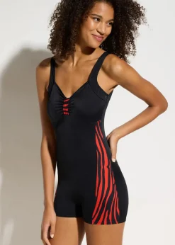 bonprix Nachhaltigere Materialien|Bedeckende Bademode^Sport-Badeanzug mit Bein schwarz/rot