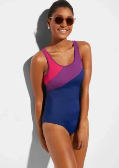 bonprix Nachhaltigere Materialien|Bademode·Badeanzüge^Sport-Badeanzug mit Kontrast-Einsätzen dunkelblau/lila/pink