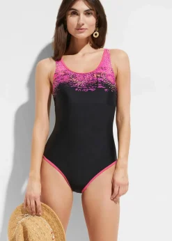 bonprix Sport Bademode|Badeanzüge^Sport-Badeanzug mit Racerback schwarz / pink graphisch bedruckt