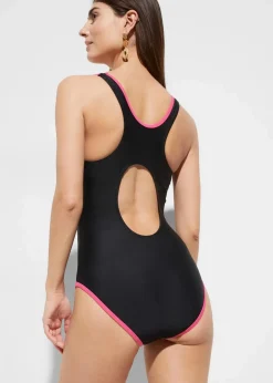 bonprix Sport Bademode|Badeanzüge^Sport-Badeanzug mit Racerback schwarz / pink graphisch bedruckt