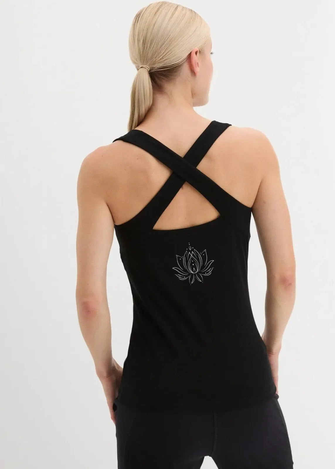 bonprix Bekleidung·Sweat|Sportbekleidung^Sport-Top mit überkreuzten Trägern schwarz bedruckt