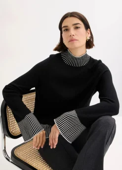 bonprix Strickmode|Pullover & Strickjacken^Stehkragenpullover mit Kaschmiranteil schwarz/naturbeige