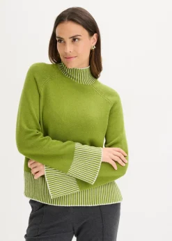 bonprix Pullover & Strickjacken|Strickmode^Stehkragenpullover mit Kaschmiranteil moos/naturbeige