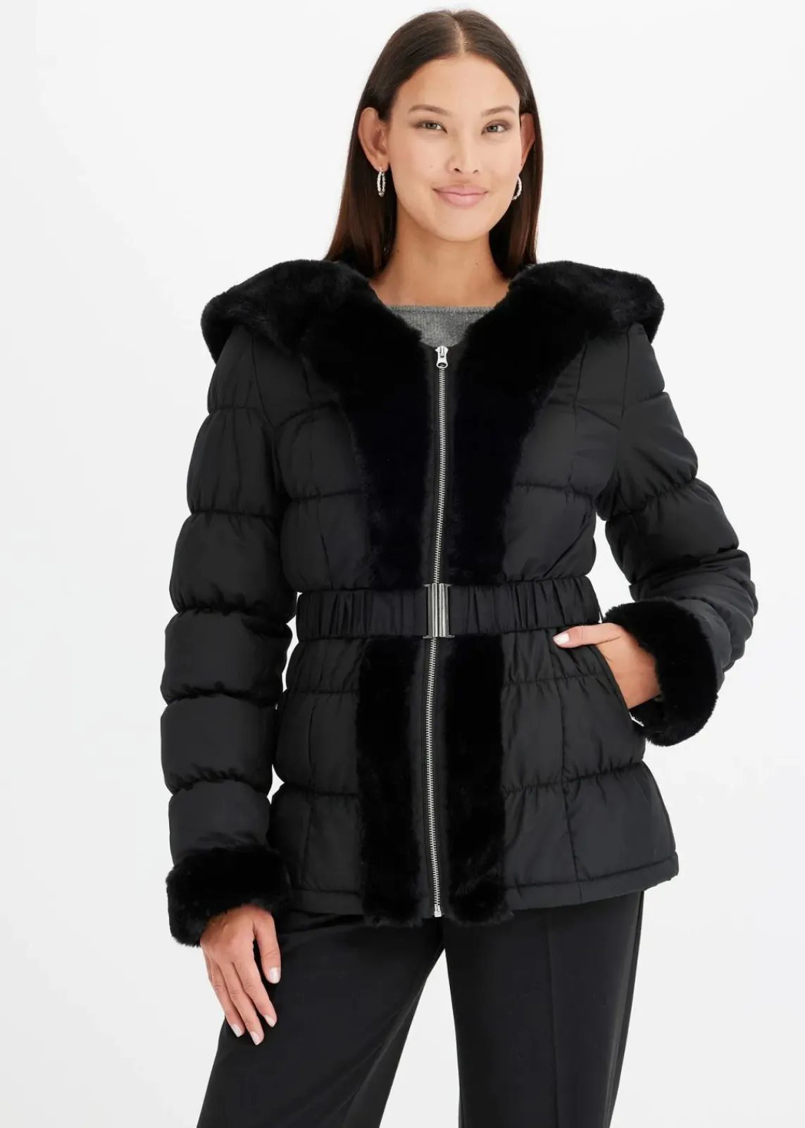bonprix Bekleidung·Hosen|Jacken & Mäntel^Steppjacke mit Fellimitat schwarz