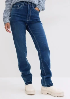 bonprix Bekleidung·Shirts & Tops|Jeans^Straight Jeans High Waist, Thermo blau denim used