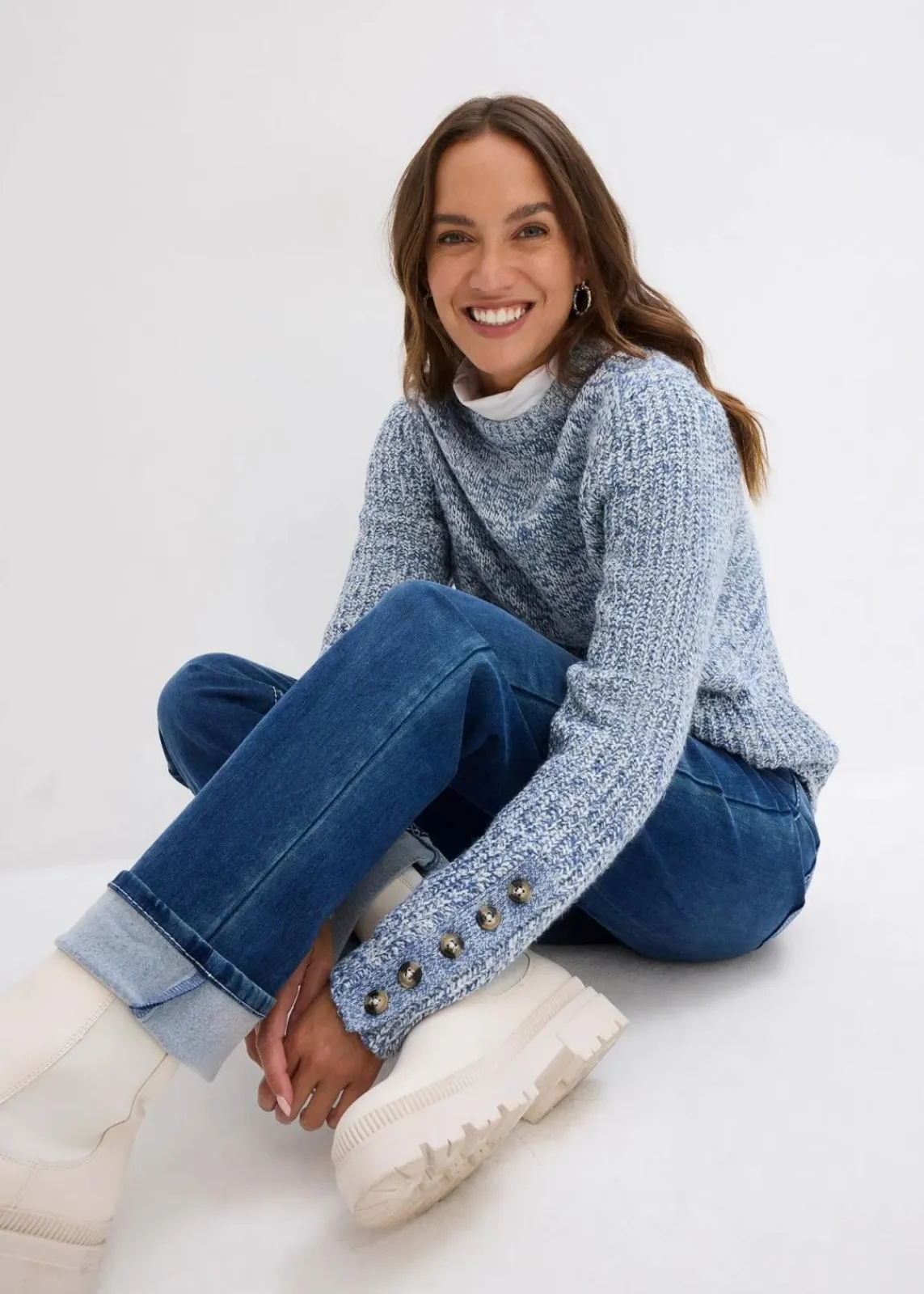 bonprix Bekleidung·Shirts & Tops|Jeans^Straight Jeans High Waist, Thermo blau denim used