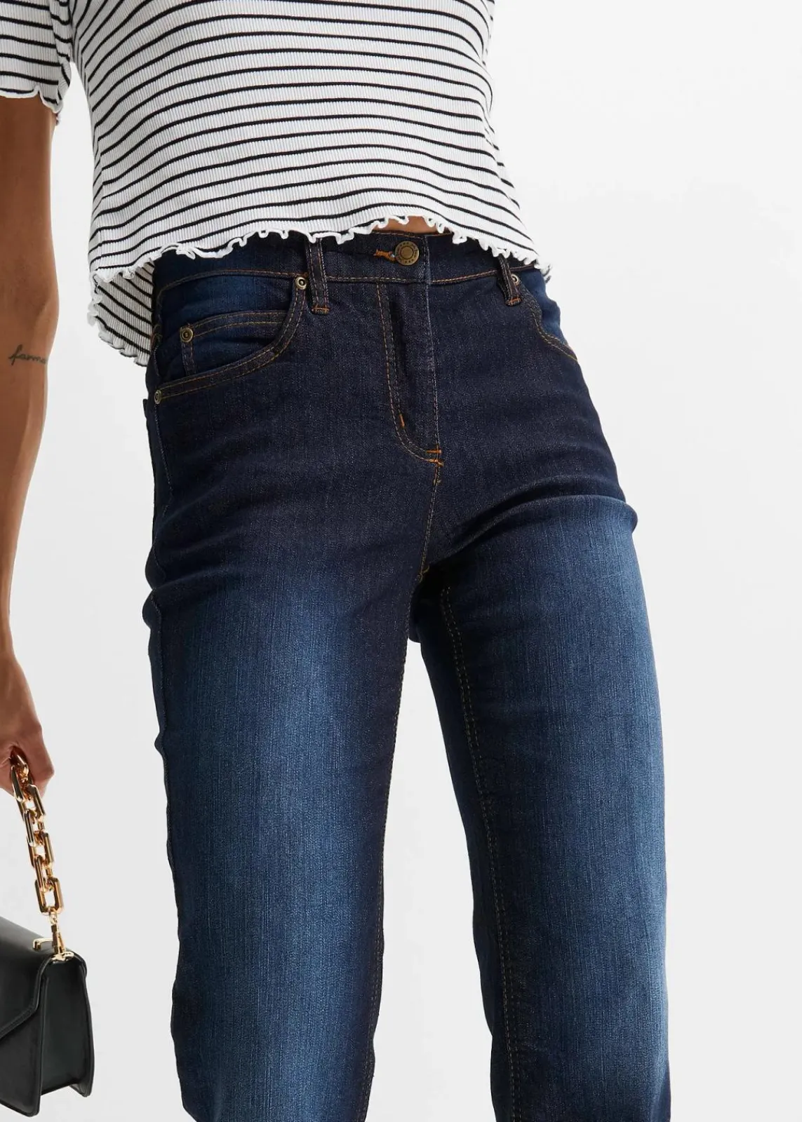 bonprix Kurzgrößen|Bekleidung·Shirts & Tops^Straight Jeans Mid Waist, Stretch dunkelblau used