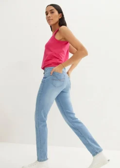 bonprix Jeans|Kurzgrößen^Straight Jeans Mid Waist, Stretch hellblau used