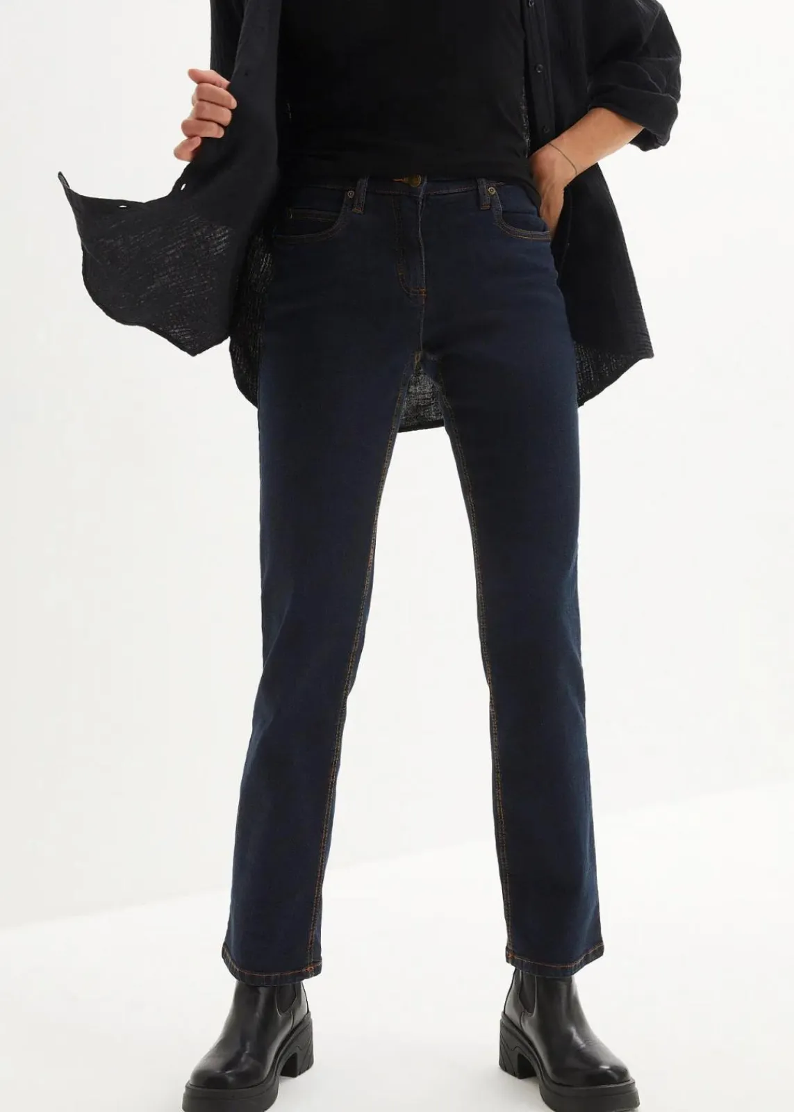bonprix Kurzgrößen|Bekleidung·Shirts & Tops^Straight Jeans Mid Waist, Stretch dunkelblau