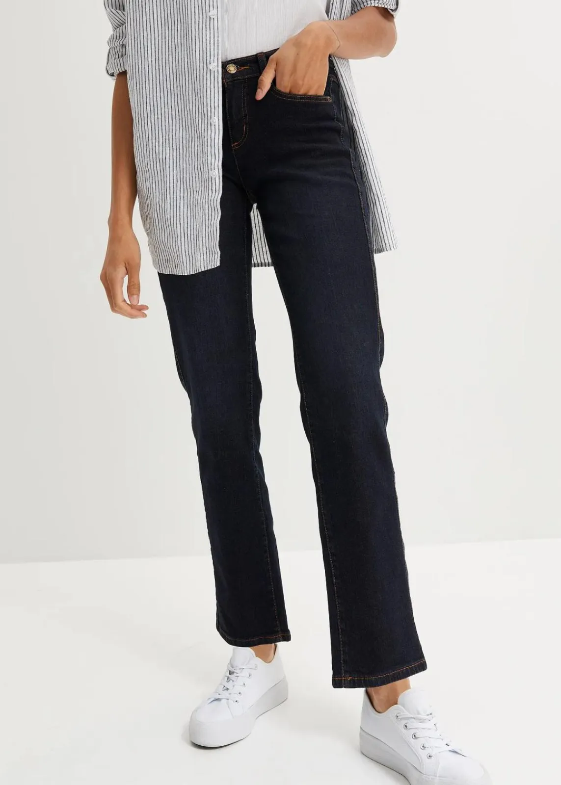 bonprix Jeans|Kurzgrößen^Straight Jeans Mid Waist, Stretch dunkelblau used