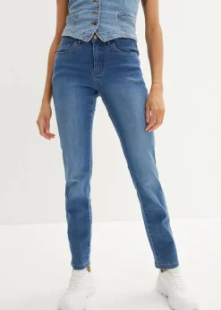 bonprix Jeans|Kurzgrößen^Straight Jeans Mid Waist, Stretch blau used