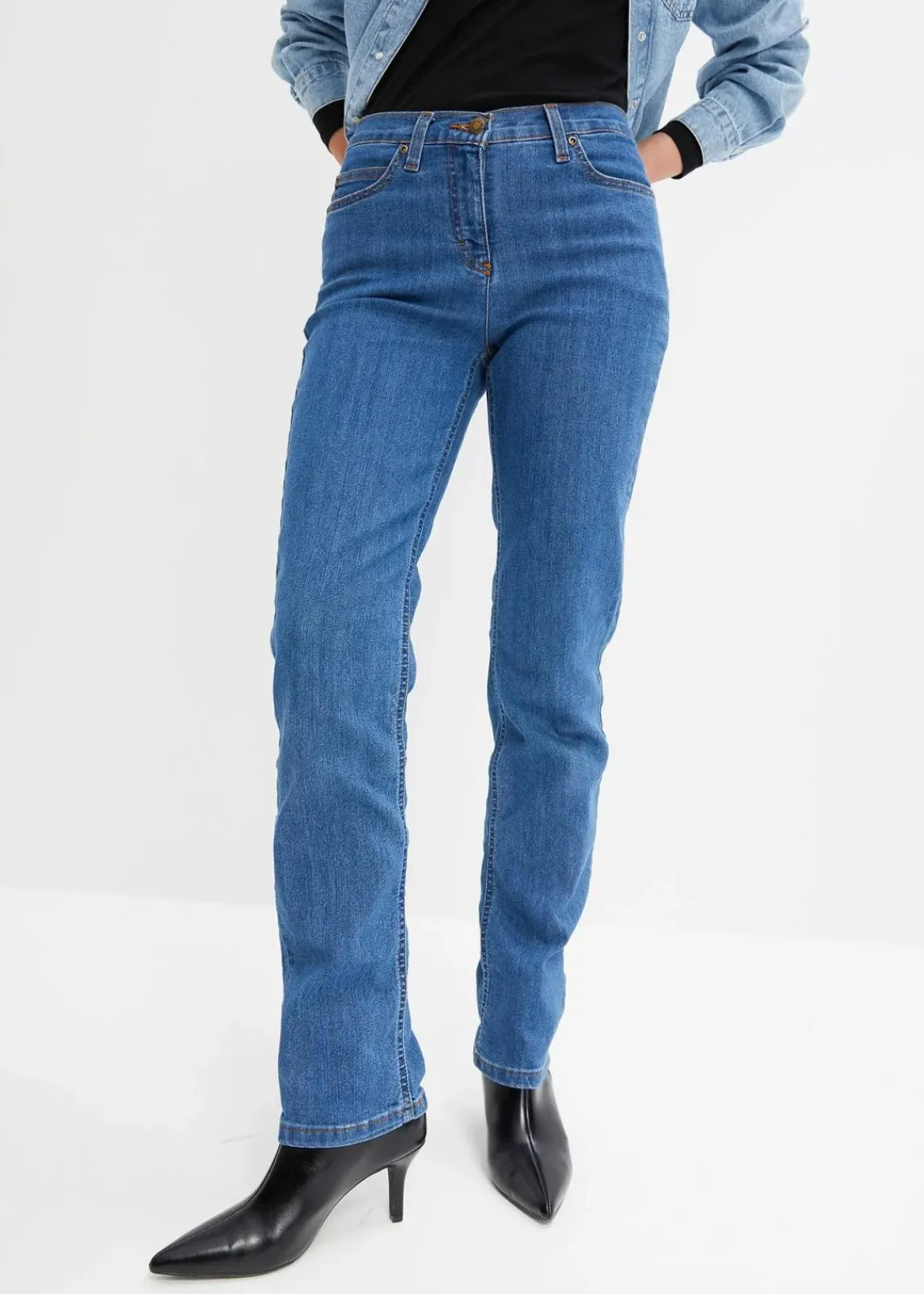 bonprix Jeans|Kurzgrößen^Straight Jeans Mid Waist, Stretch blau