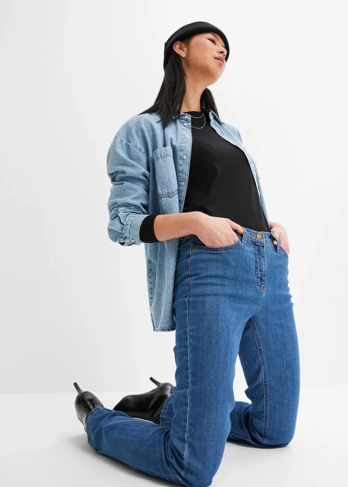 bonprix Jeans|Kurzgrößen^Straight Jeans Mid Waist, Stretch blau