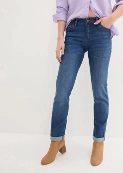 bonprix Kurzgrößen|Bekleidung·Shirts & Tops^Straight Jeans Mid Waist, Stretch blau denim used