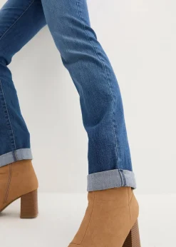 bonprix Kurzgrößen|Bekleidung·Shirts & Tops^Straight Jeans Mid Waist, Stretch blau denim used