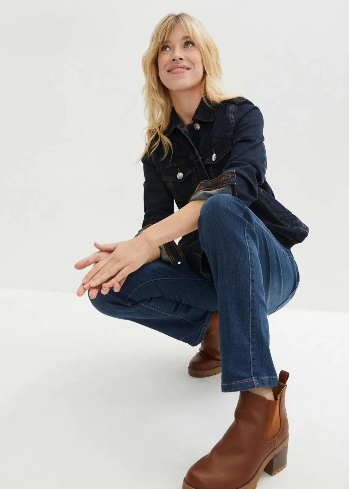 bonprix Jeans|Kurzgrößen^Straight Jeans Mid Waist, Stretch dunkelblau used