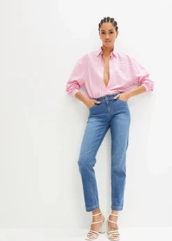 bonprix Jeans|Kurzgrößen^Straight Jeans Mid Waist, Stretch mittelblau denim used