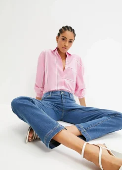 bonprix Jeans|Kurzgrößen^Straight Jeans Mid Waist, Stretch mittelblau denim used