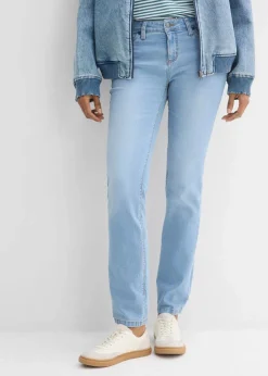 bonprix Jeans|Kurzgrößen^Straight Jeans Mid Waist, Stretch hellblau denim used