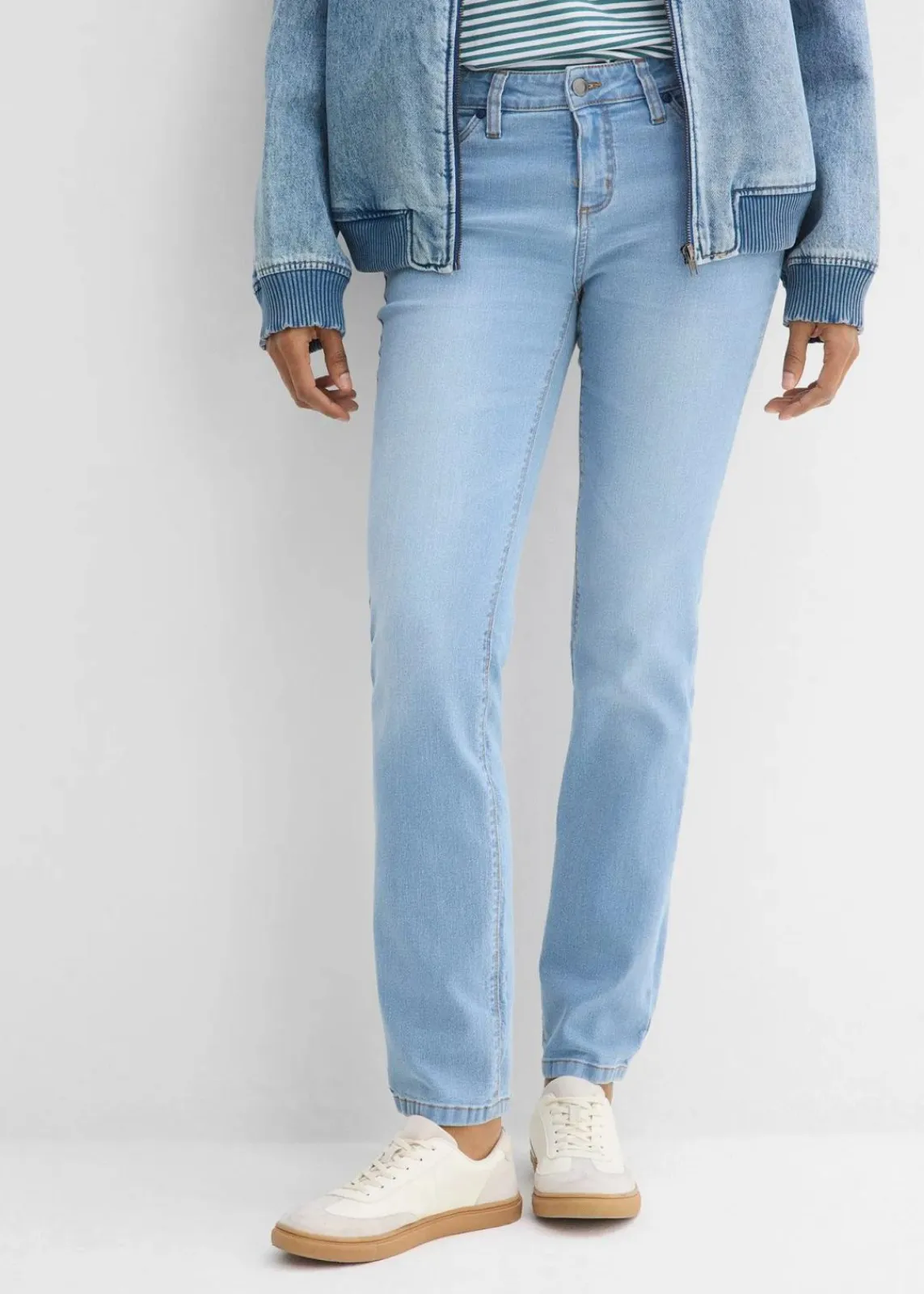 bonprix Jeans|Kurzgrößen^Straight Jeans Mid Waist, Stretch hellblau denim used