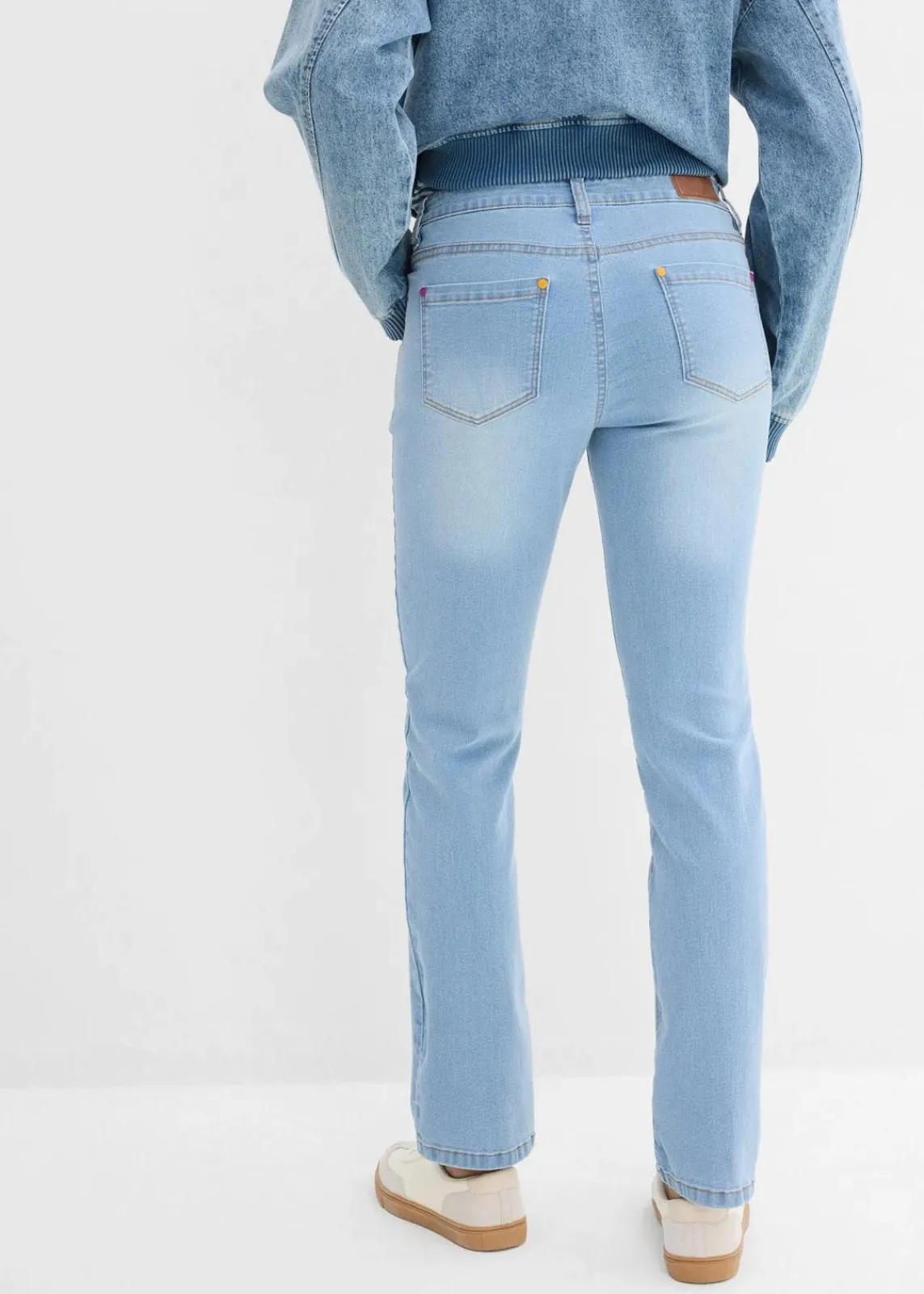 bonprix Jeans|Kurzgrößen^Straight Jeans Mid Waist, Stretch hellblau denim used