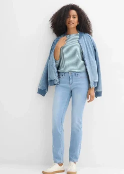 bonprix Jeans|Kurzgrößen^Straight Jeans Mid Waist, Stretch hellblau denim used