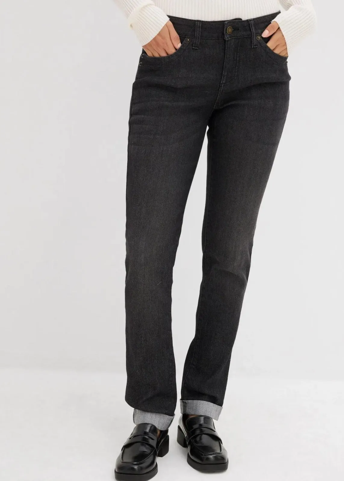 bonprix Jeans|Kurzgrößen^Straight Jeans Mid Waist, Stretch schwarz denim