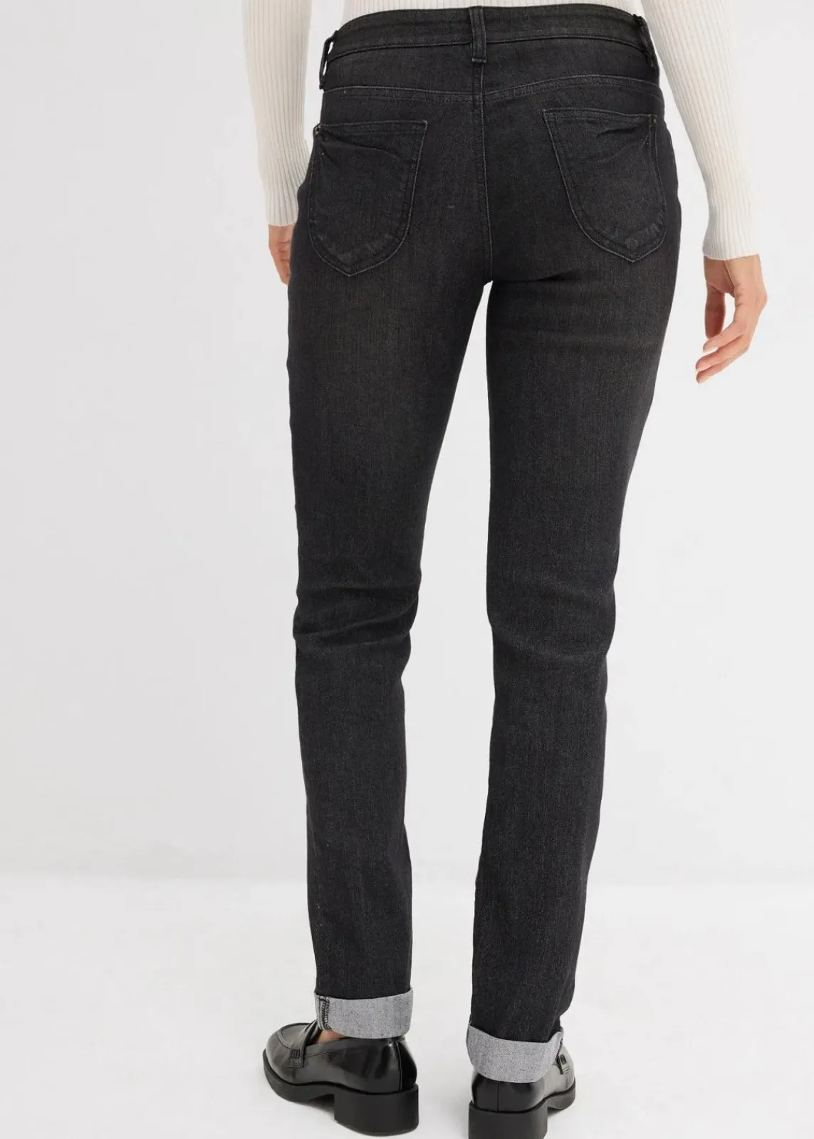 bonprix Jeans|Kurzgrößen^Straight Jeans Mid Waist, Stretch schwarz denim