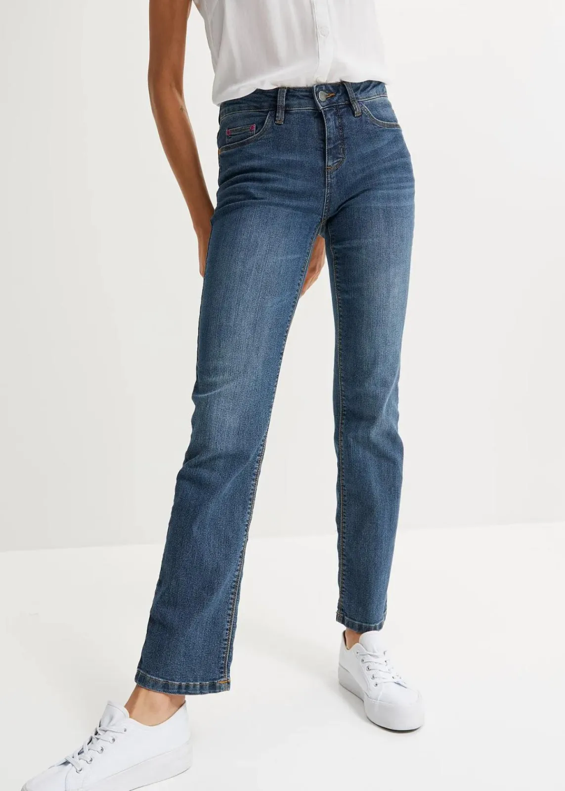bonprix Jeans|Kurzgrößen^Straight Jeans Mid Waist, Stretch dunkelblau used