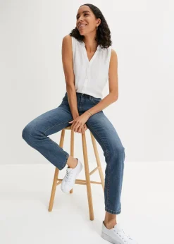 bonprix Jeans|Kurzgrößen^Straight Jeans Mid Waist, Stretch dunkelblau used