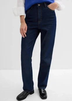 bonprix Bekleidung·Shirts & Tops|Nachhaltigere Materialien^Straight-Jeans, High Waist, Long aus Bio-Baumwolle tiefblau denim ungewaschen