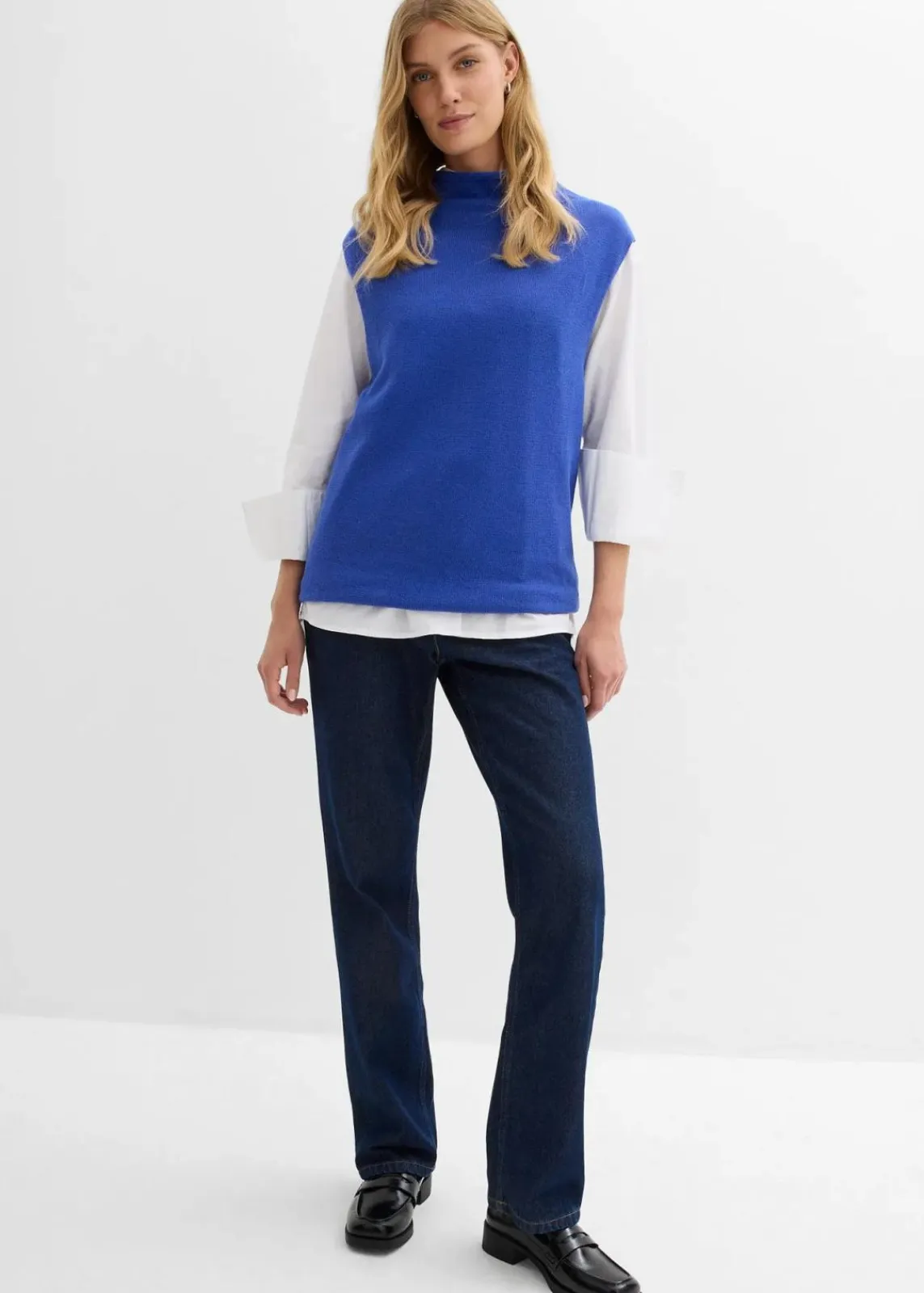 bonprix Bekleidung·Shirts & Tops|Nachhaltigere Materialien^Straight-Jeans, High Waist, Long aus Bio-Baumwolle tiefblau denim ungewaschen