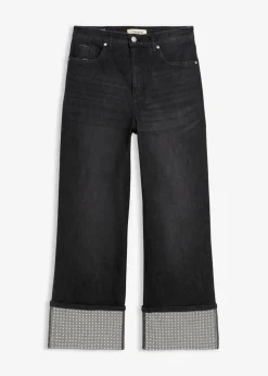bonprix Bekleidung·Shirts & Tops|Jeans^Straight-Jeans High Waist mit Turn Up schwarz denim used