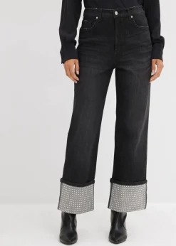 bonprix Bekleidung·Shirts & Tops|Jeans^Straight-Jeans High Waist mit Turn Up schwarz denim used