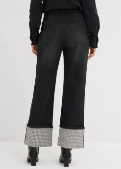 bonprix Bekleidung·Shirts & Tops|Jeans^Straight-Jeans High Waist mit Turn Up schwarz denim used