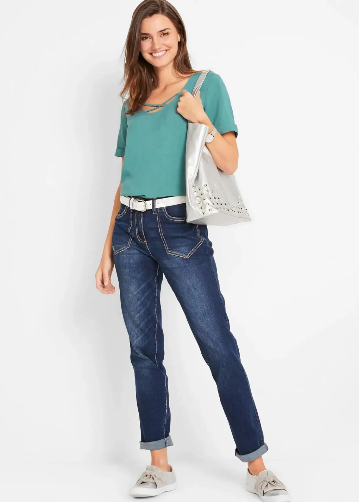 bonprix Bekleidung·Shirts & Tops|Jeans^Straight-Jeans High Waist, Stretch dunkelblau denim