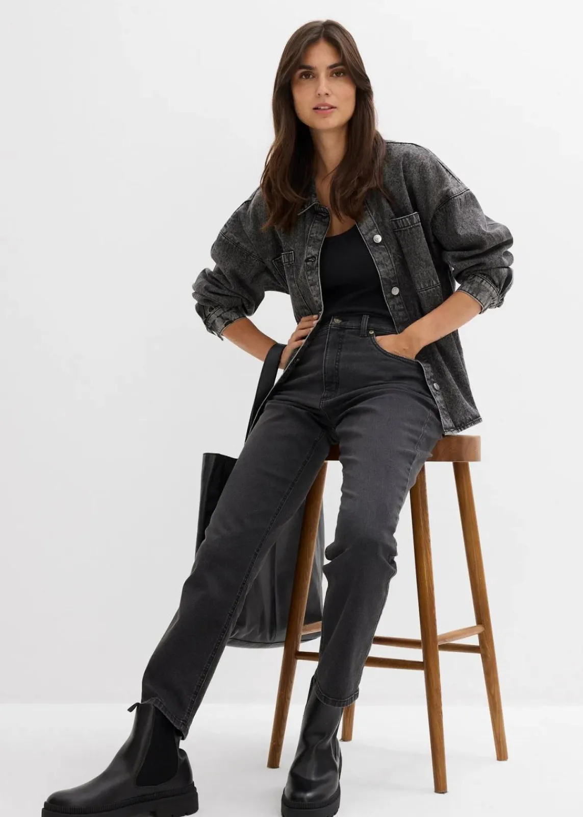 bonprix Jeans|Bekleidung·Shirts & Tops^Straight-Jeans High Waist cropped dunkelgrau denim used