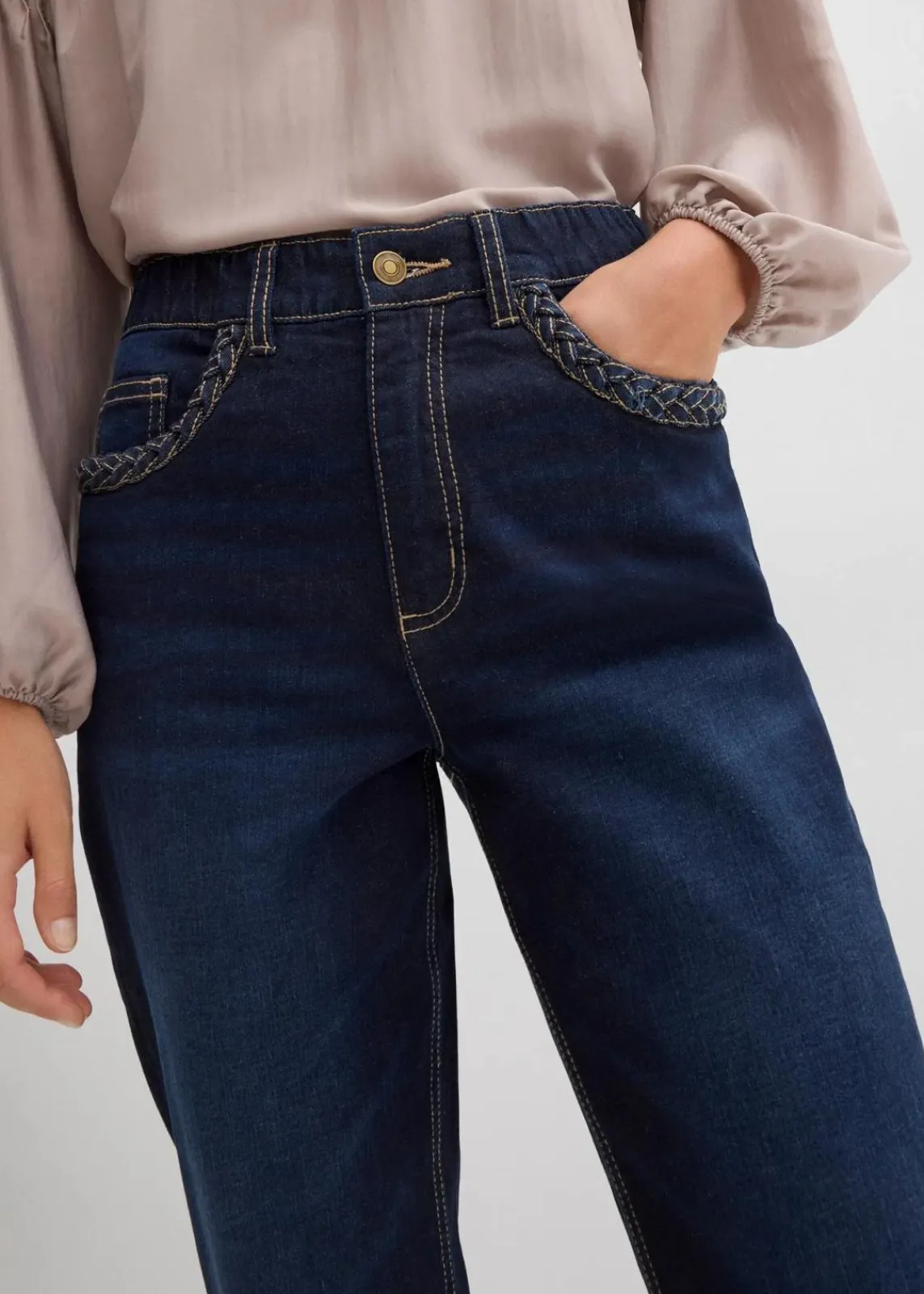 bonprix Bekleidung·Shirts & Tops|Jeans^Straight-Jeans High Waist mit Taschendetails dunkelblau denim used