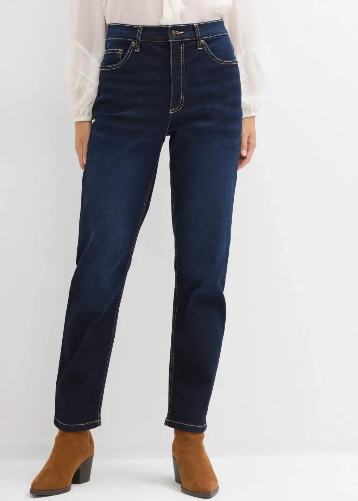 bonprix Bekleidung·Shirts & Tops|Jeans^Straight-Jeans High Waist cropped dunkelblau denim used