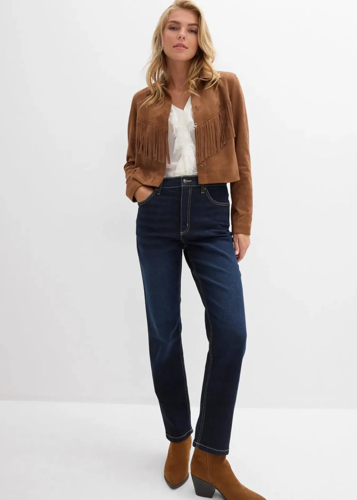 bonprix Bekleidung·Shirts & Tops|Jeans^Straight-Jeans High Waist cropped dunkelblau denim used