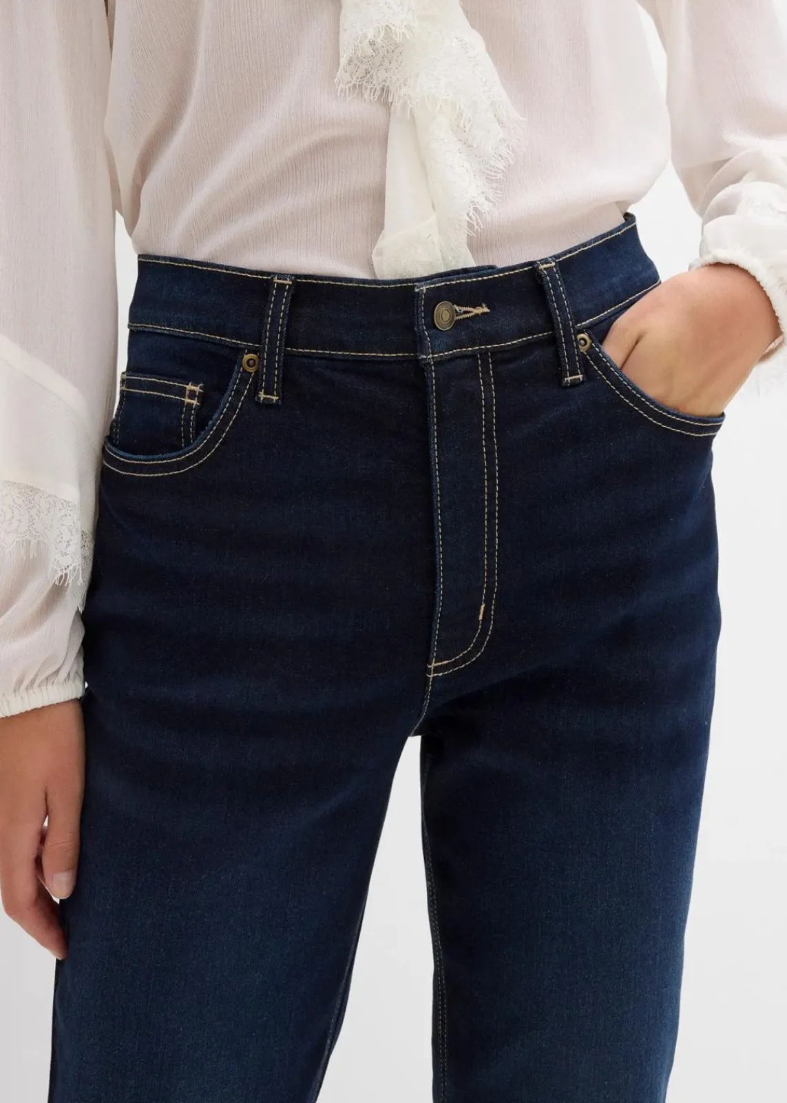 bonprix Bekleidung·Shirts & Tops|Jeans^Straight-Jeans High Waist cropped dunkelblau denim used