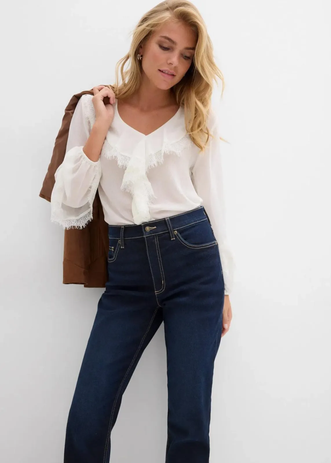 bonprix Bekleidung·Shirts & Tops|Jeans^Straight-Jeans High Waist cropped dunkelblau denim used