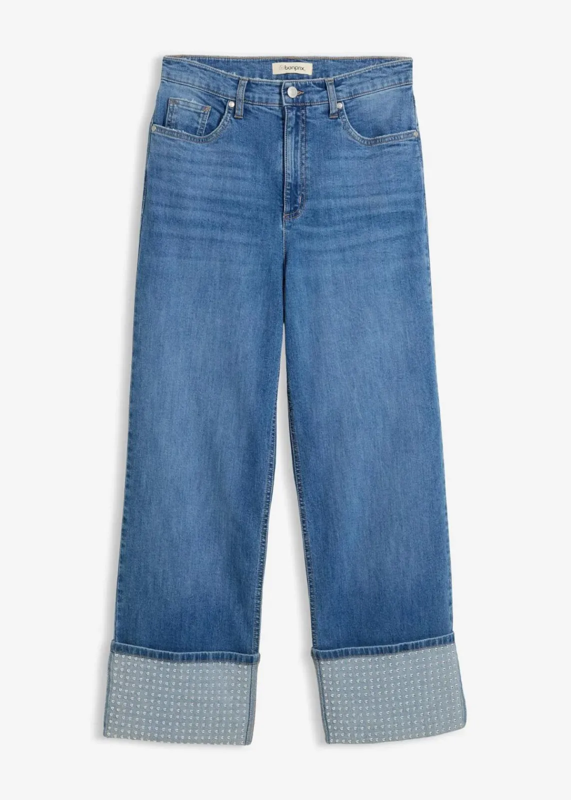 bonprix Jeans|Bekleidung·Shirts & Tops^Straight-Jeans High Waist mit Turn Up mittelblau denim used