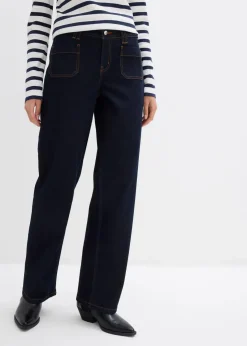 bonprix Jeans|Bekleidung·Shirts & Tops^Straight-Jeans Mid Waist tiefblau denim ungewaschen