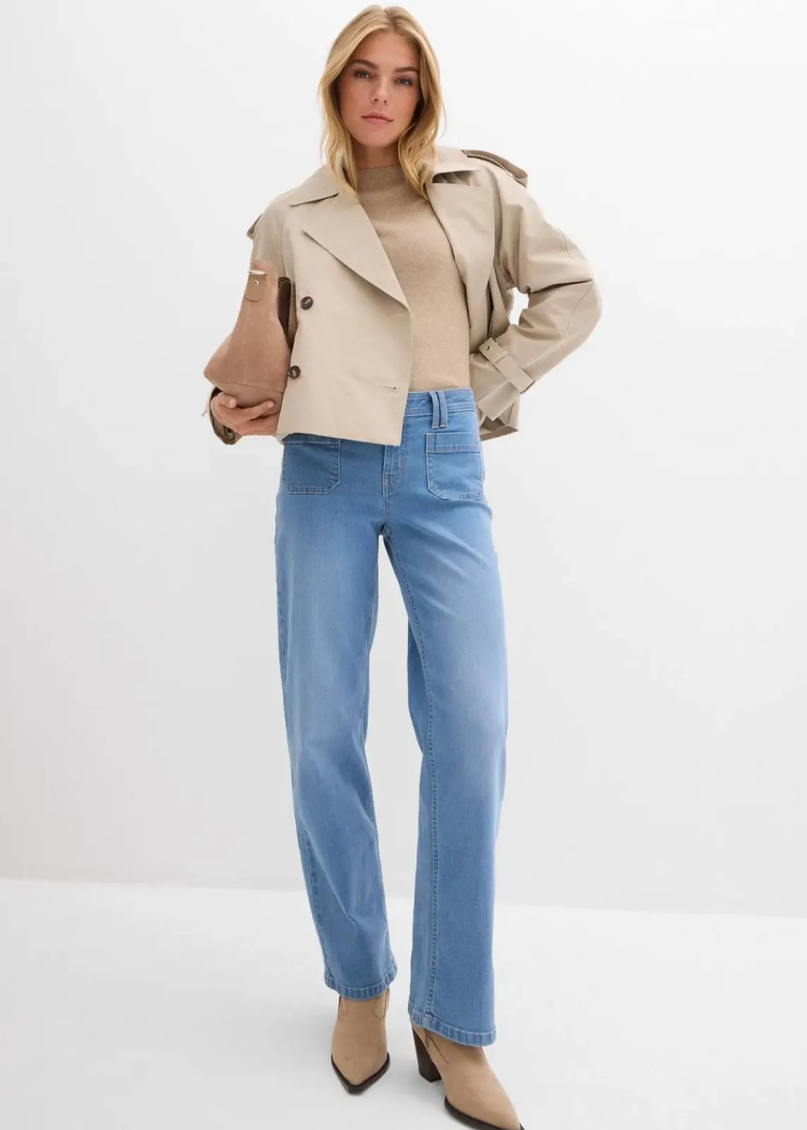 bonprix Bekleidung·Shirts & Tops|Jeans^Straight-Jeans Mid Waist hellblau denim used