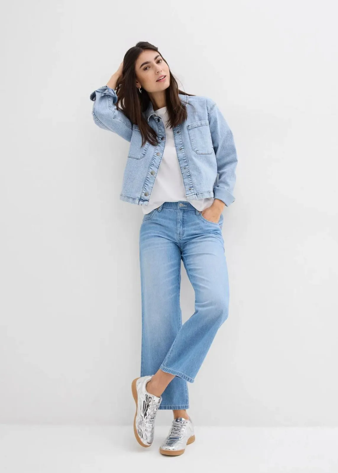 bonprix Bekleidung·Shirts & Tops|Jeans^Straight-Jeans Mid Waist, Bequembund Low Stretch cropped eisblau denim used