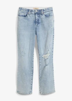 bonprix Bekleidung·Shirts & Tops|Jeans^Straight-Jeans Mid Waist Bequembund Low Stretch, cropped eisblau denim used