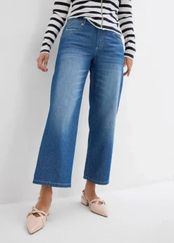 bonprix Jeans|Bekleidung·Shirts & Tops^Straight-Jeans Mid Waist, Bequembund Low Stretch cropped blau denim used