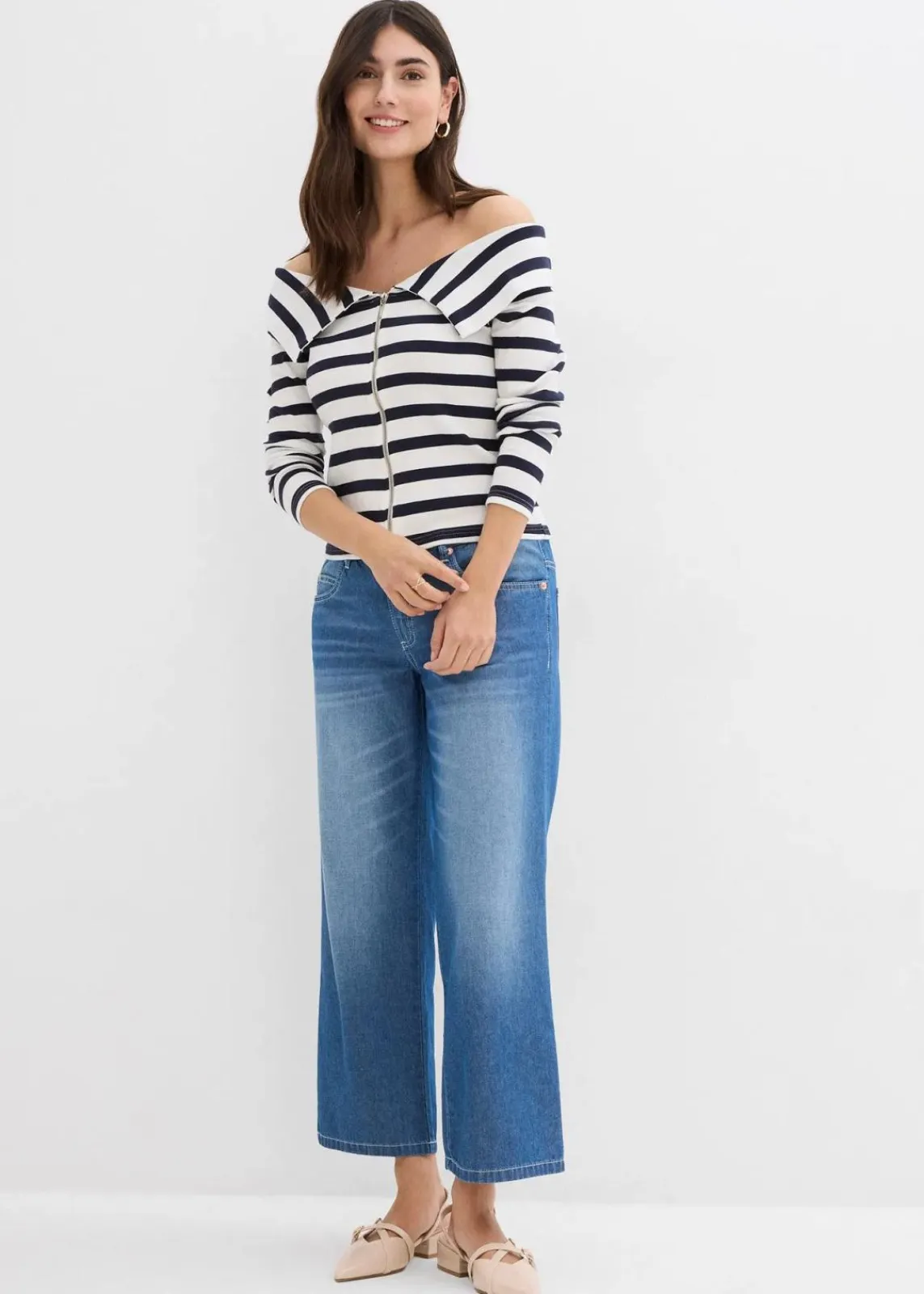 bonprix Jeans|Bekleidung·Shirts & Tops^Straight-Jeans Mid Waist, Bequembund Low Stretch cropped blau denim used
