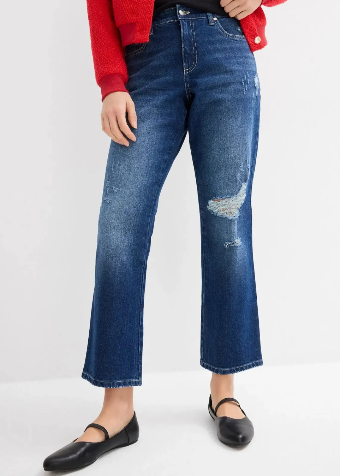 bonprix Jeans|Bekleidung·Shirts & Tops^Straight-Jeans Mid Waist Bequembund Low Stretch, cropped dunkelblau denim used